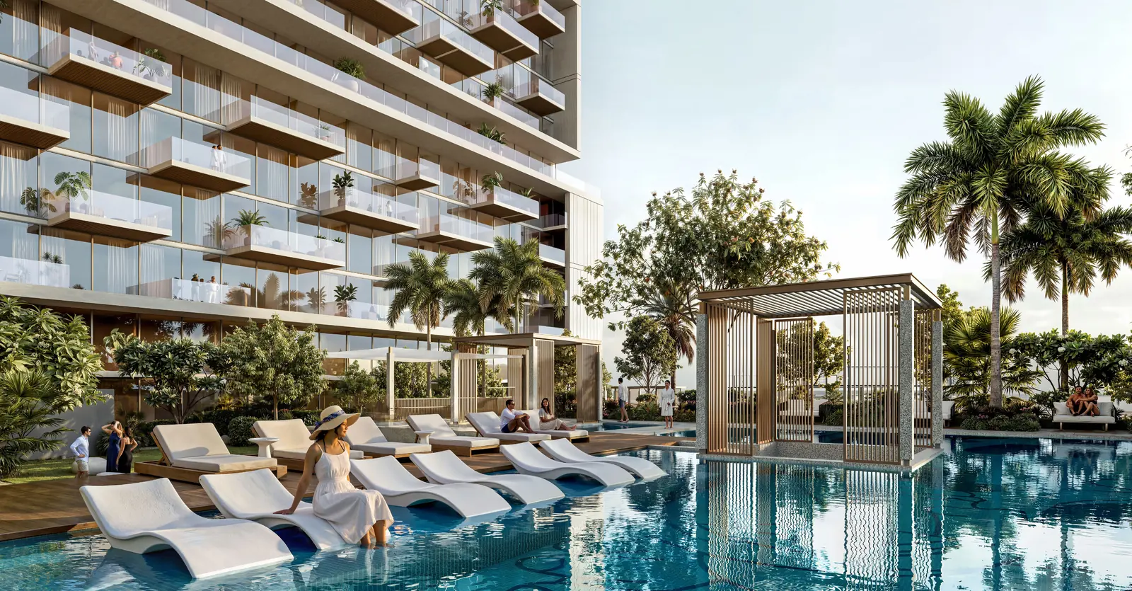 The Deck: a pool terrace with in-water loungers and a pergola