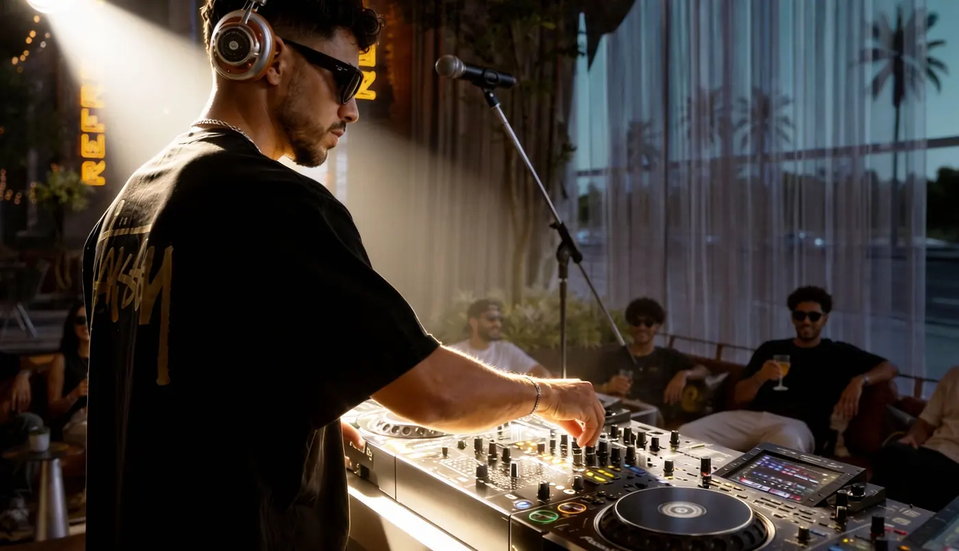 A DJ playing records under warm light