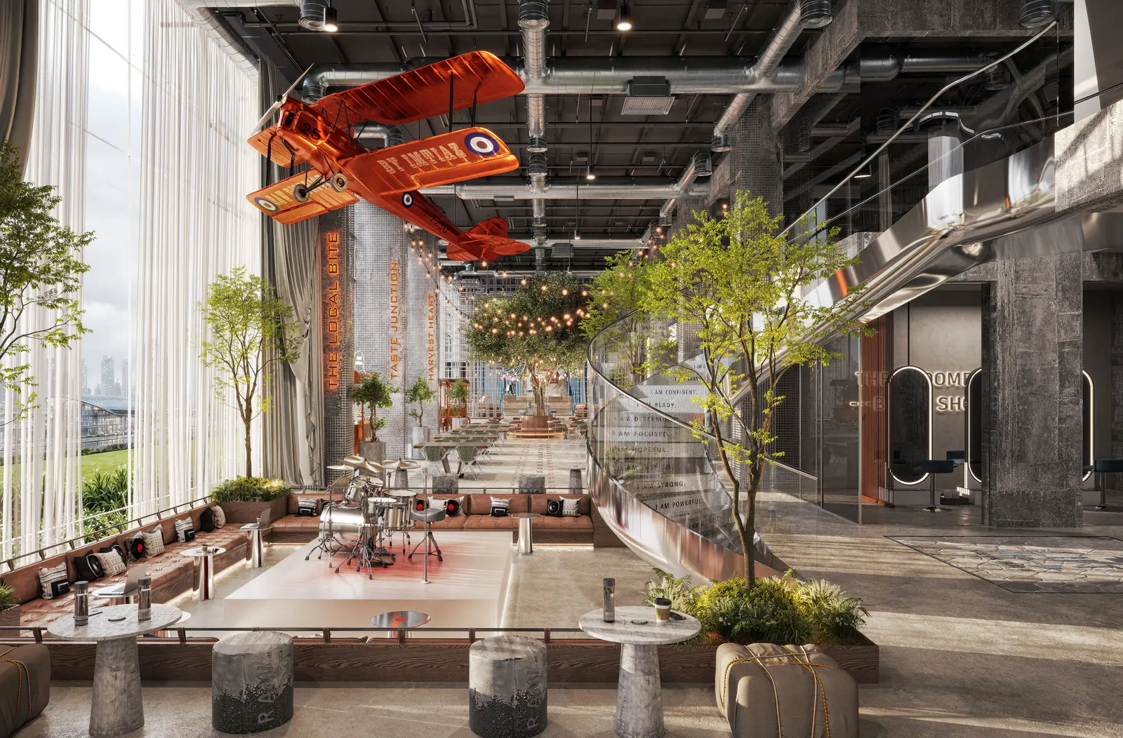 Double-height ground-floor hall with a vintage aircraft suspended overhead