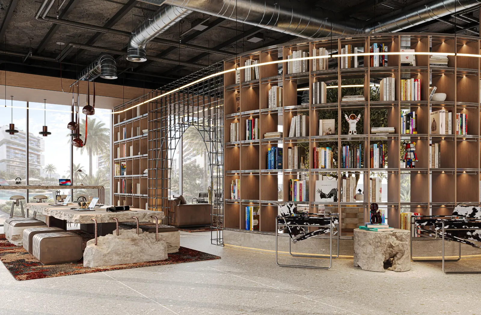 The Readers' Club library with floor-to-ceiling steel shelving
