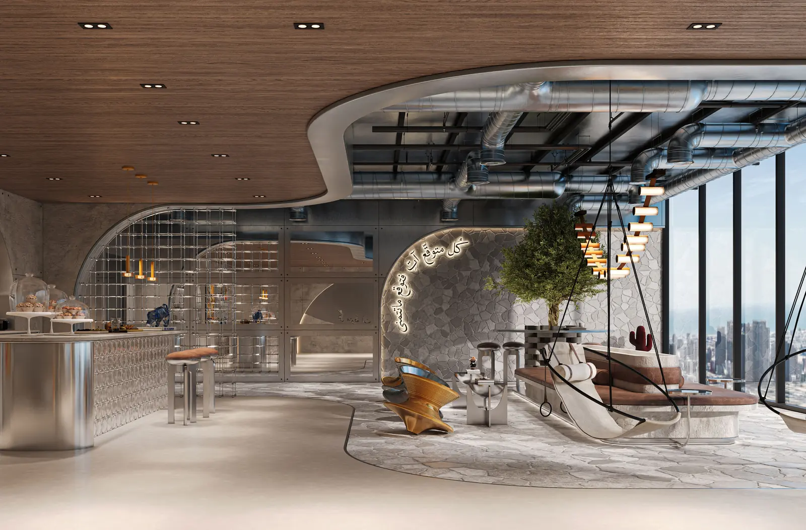 The Social House lounge with a curved timber ceiling and city views