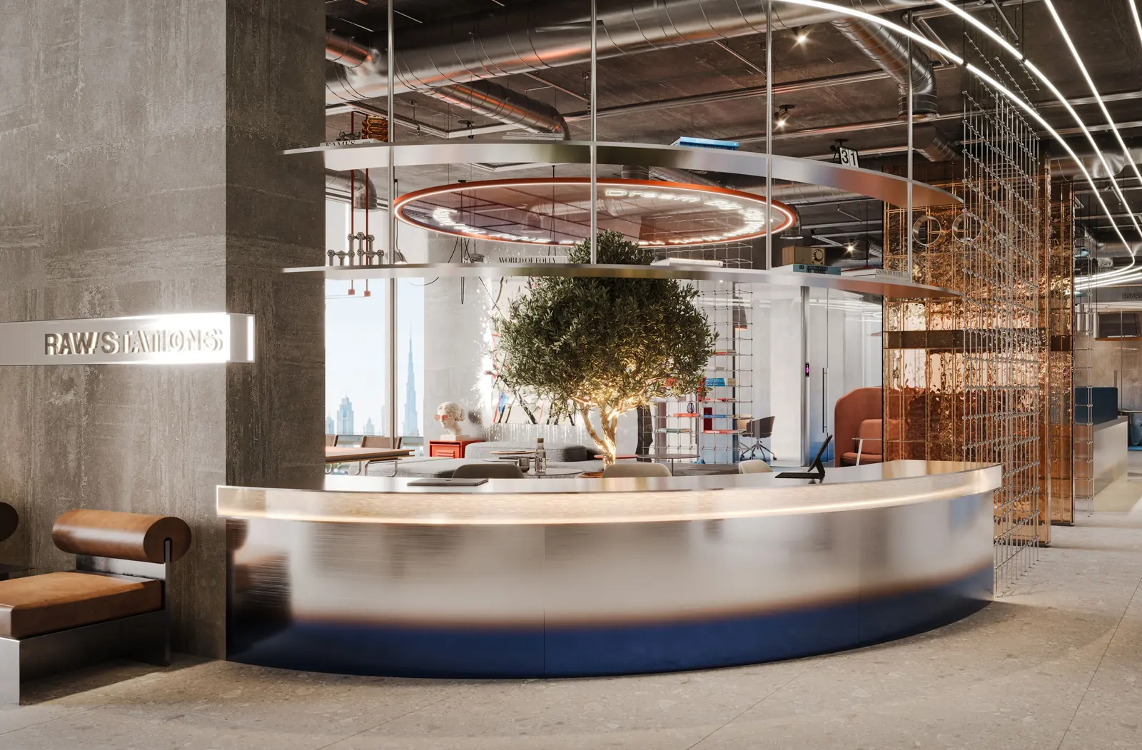 Raw Station co-working floor with a curved reception bar and an olive tree