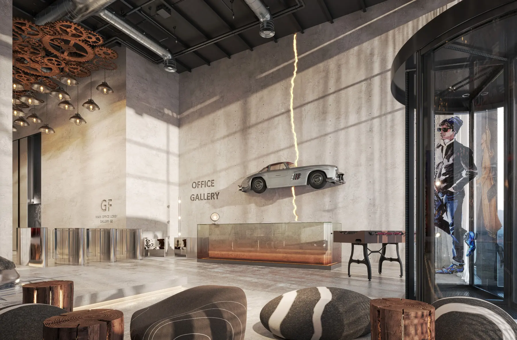 Office lobby with a silver classic car mounted on a concrete wall and a revolving door