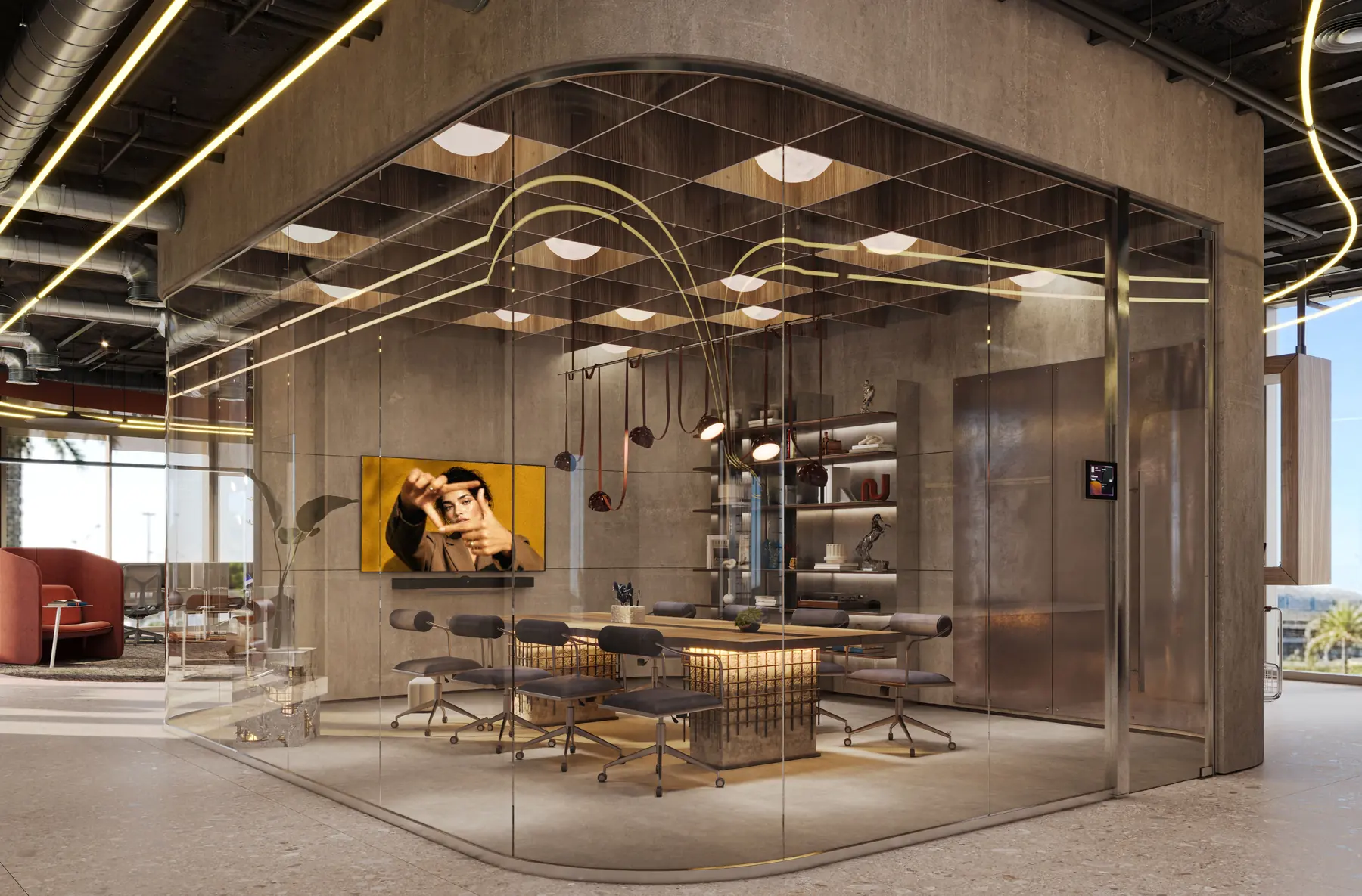 A glass-walled meeting room with a long table