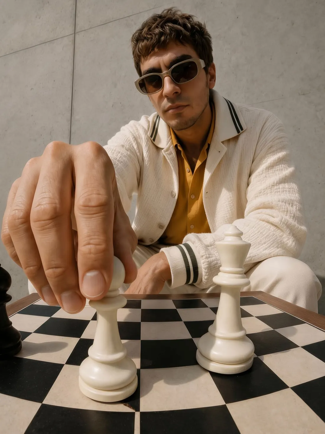 A man in sunglasses moving a chess piece
