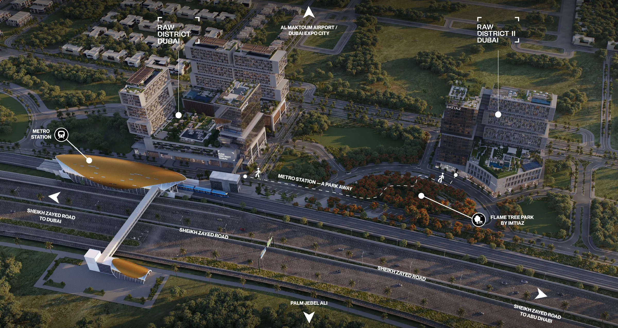 Aerial map: Raw District I and II side by side on Sheikh Zayed Road, the Flame Tree Park in front and the metro station beyond