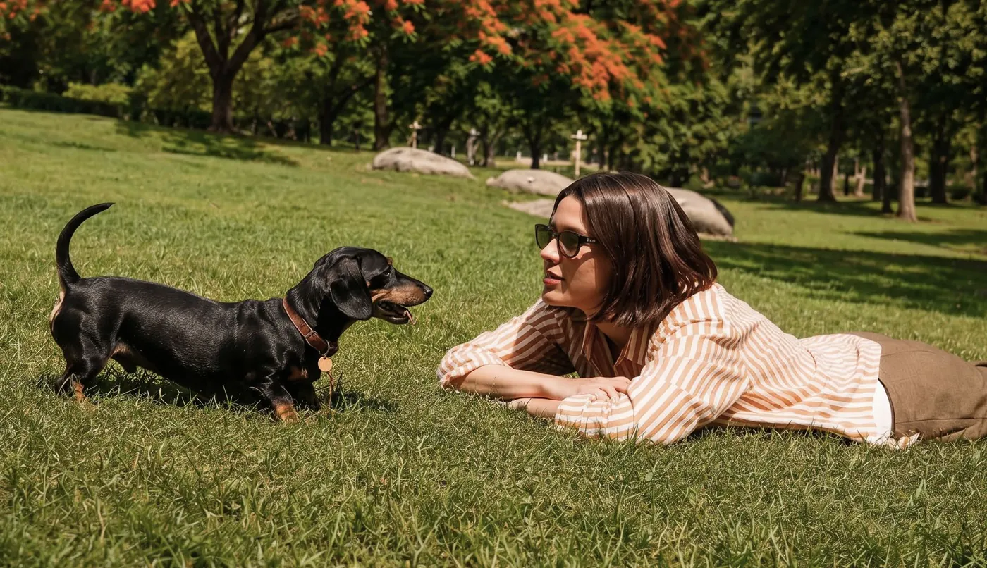 A woman and her dachshund lying on the grass in a park