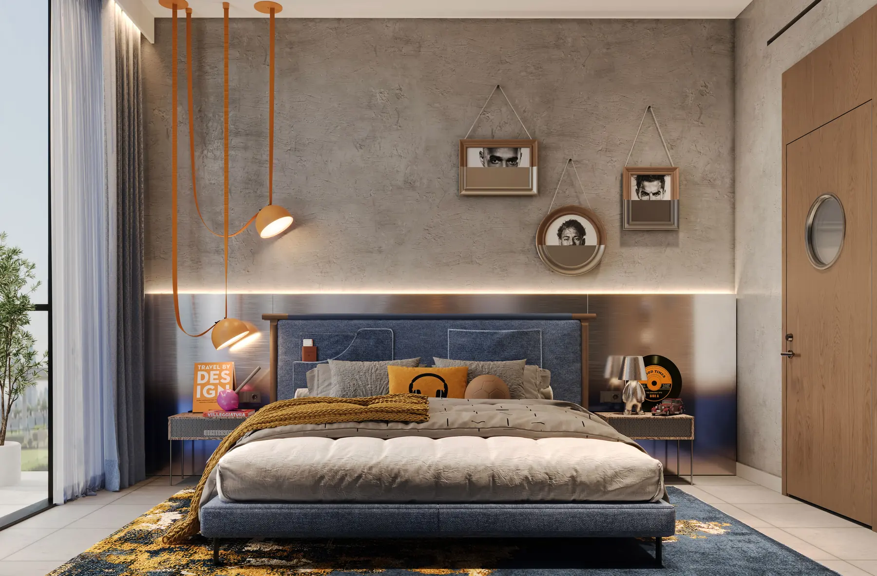 Bedroom with a navy upholstered bed, concrete walls and a porthole window