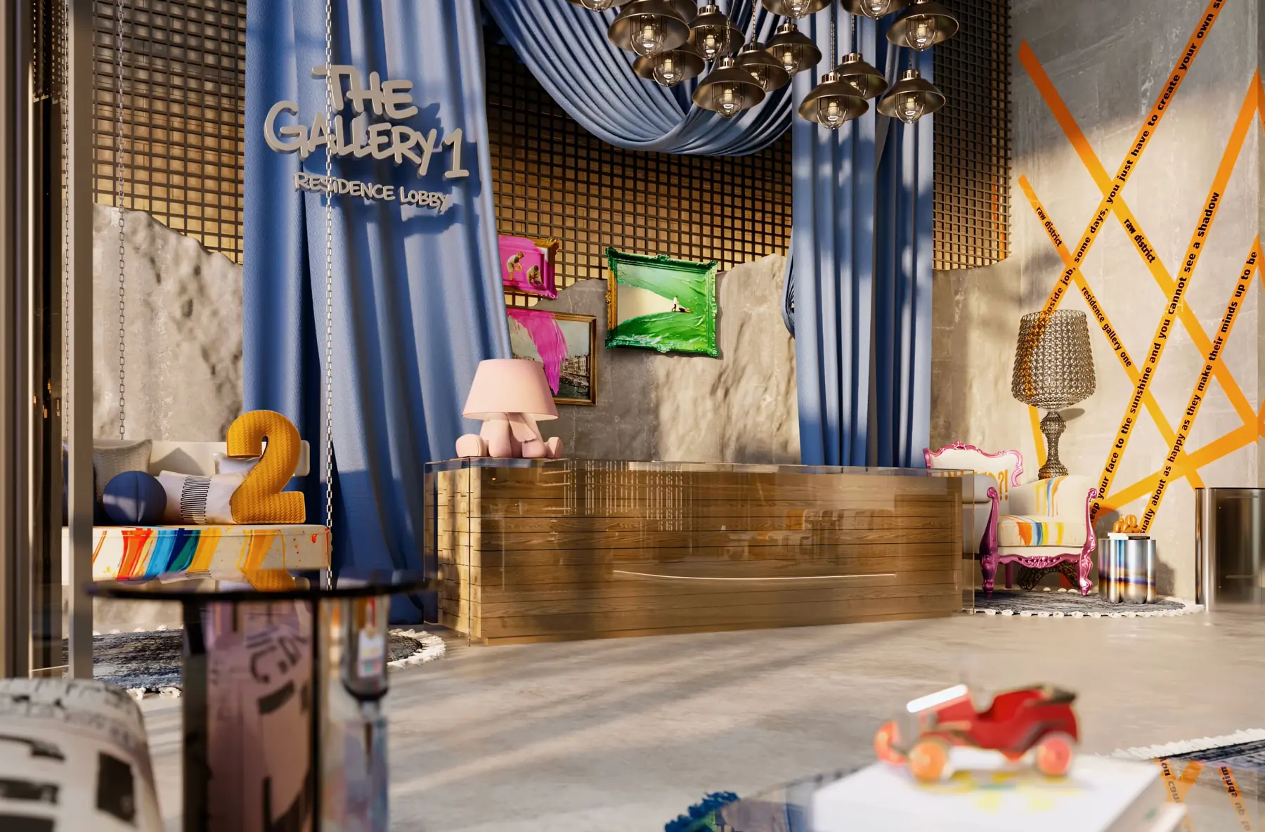 Gallery 1 residential lobby with blue theatrical drapes, a brass reception desk and pop-art objects